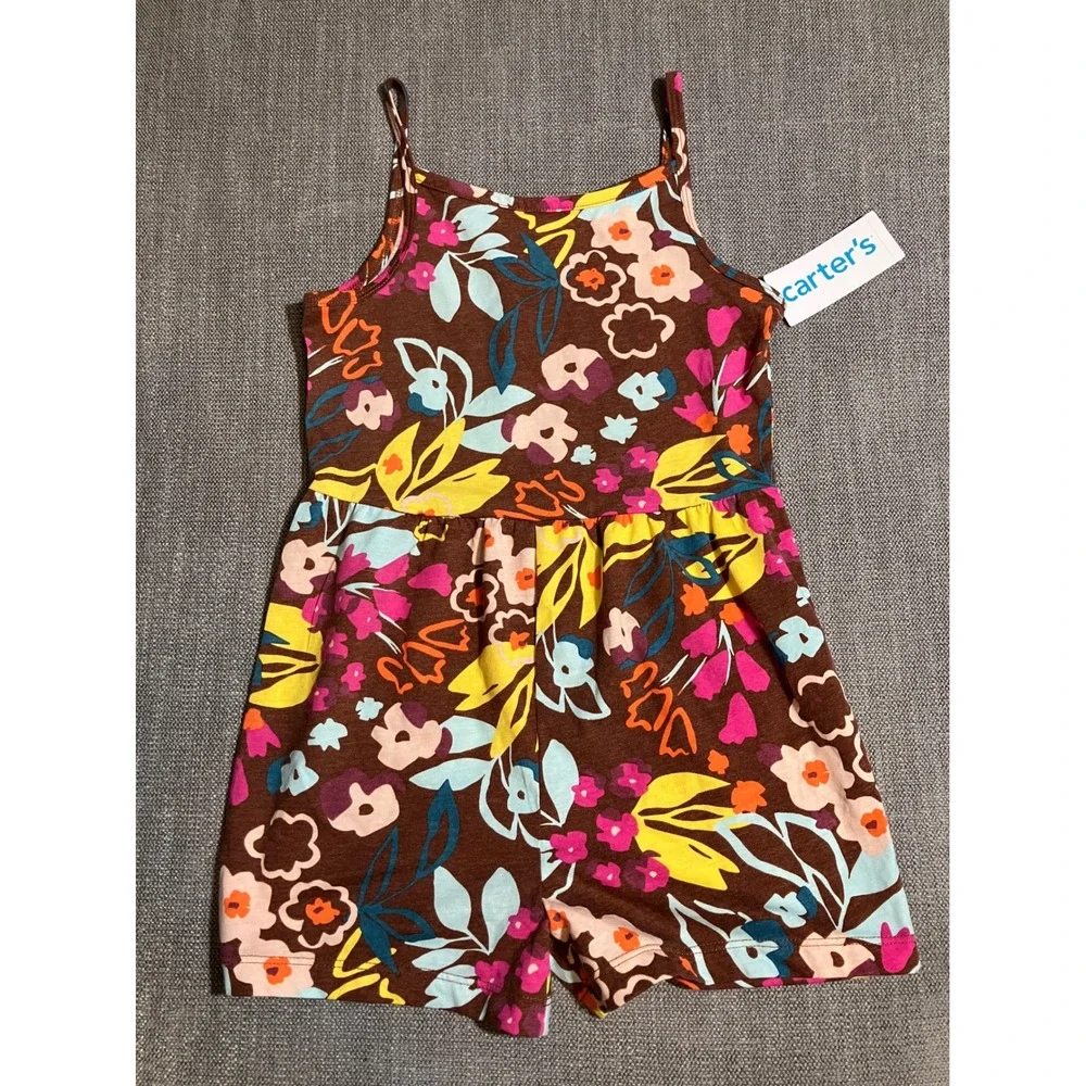 Carters Girls Floral Romper Brown Multicolor Spaghetti Strap‎ Size 7